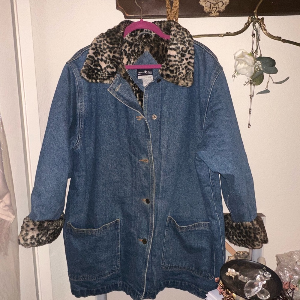 Vintage Denim Jacket with Leopard Print Trim